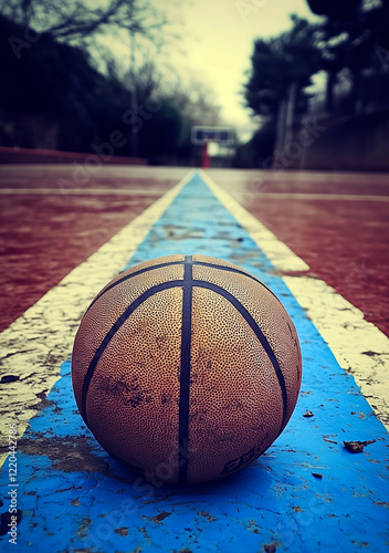 Basketball ball on a basketball court. Close up. Vintage style. photo