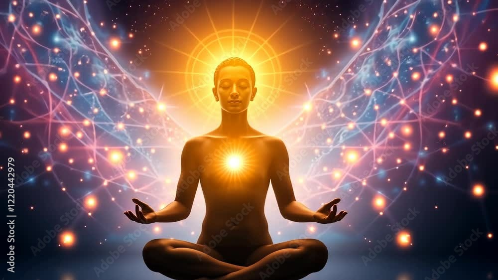 Meditative Figure with Radiant Aura and Cosmic Energy Meditative Figure with Radiant Aura and Cosmic Energy