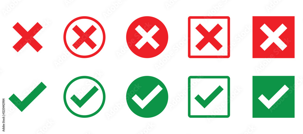 Check mark and cross icon set. Vector illustration Check mark and cross icon set. Vector illustration