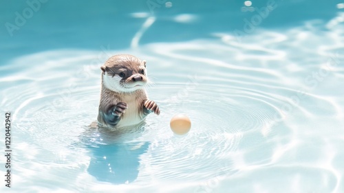 Playful otter stands in clear water, curiously holding small obj photo