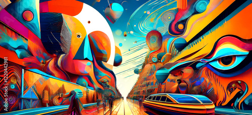 A vibrant, abstract graffiti illustration of a city scape art painting. photo