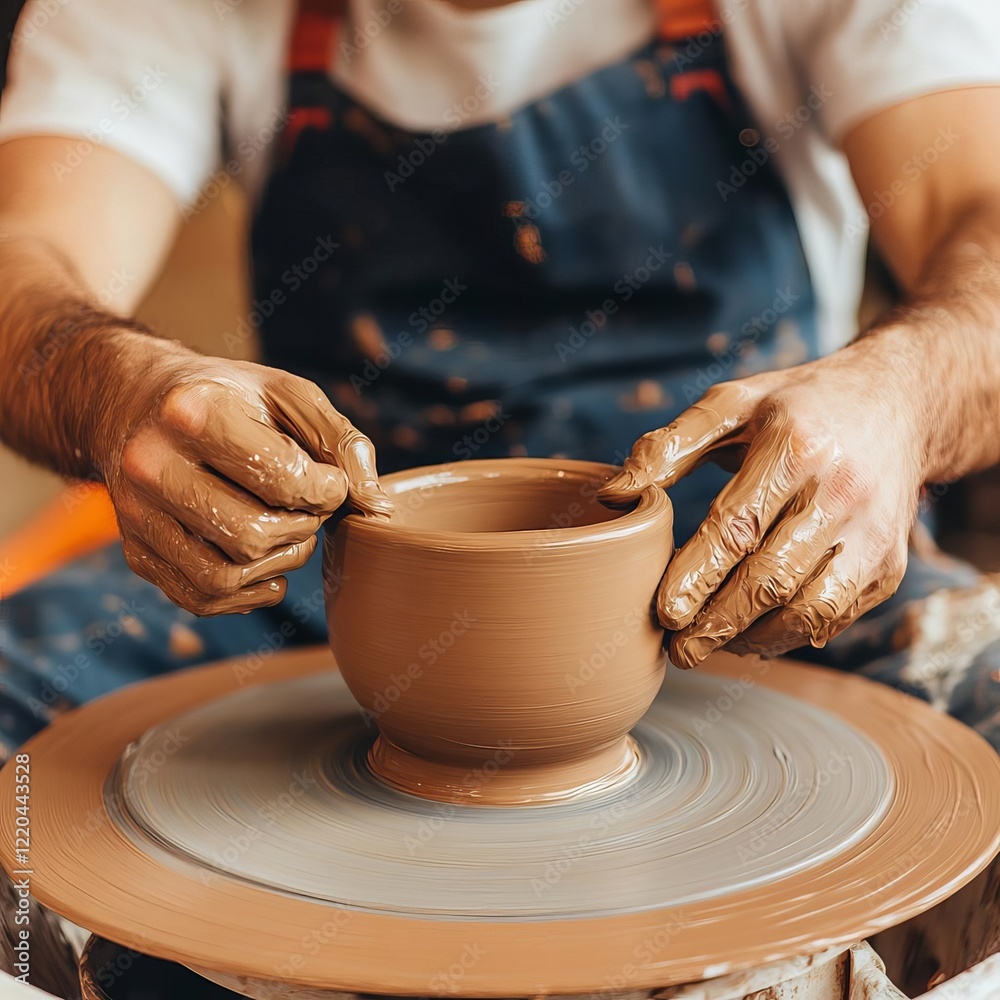 Potter shaping clay on a spinning wheel, mastery of traditional craftsmanship Potter shaping clay on a spinning wheel, mastery of traditional craftsmanship