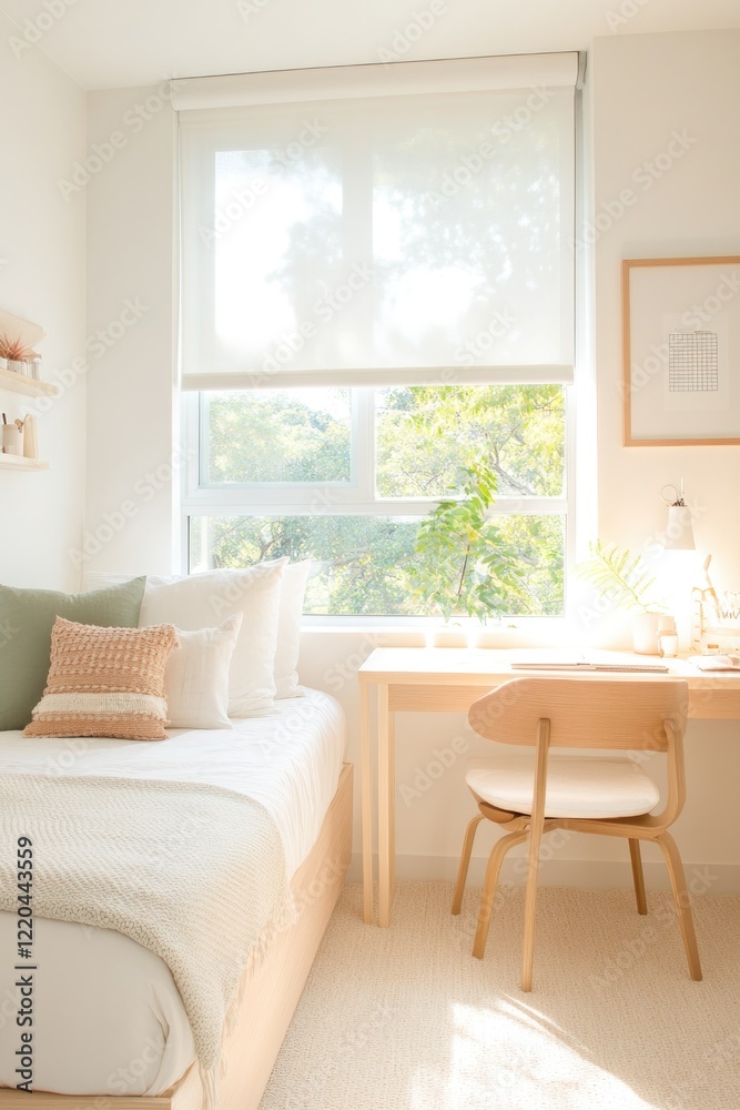 Fototapeta premium Bright, cozy bedroom featuring soft textiles, natural light, and