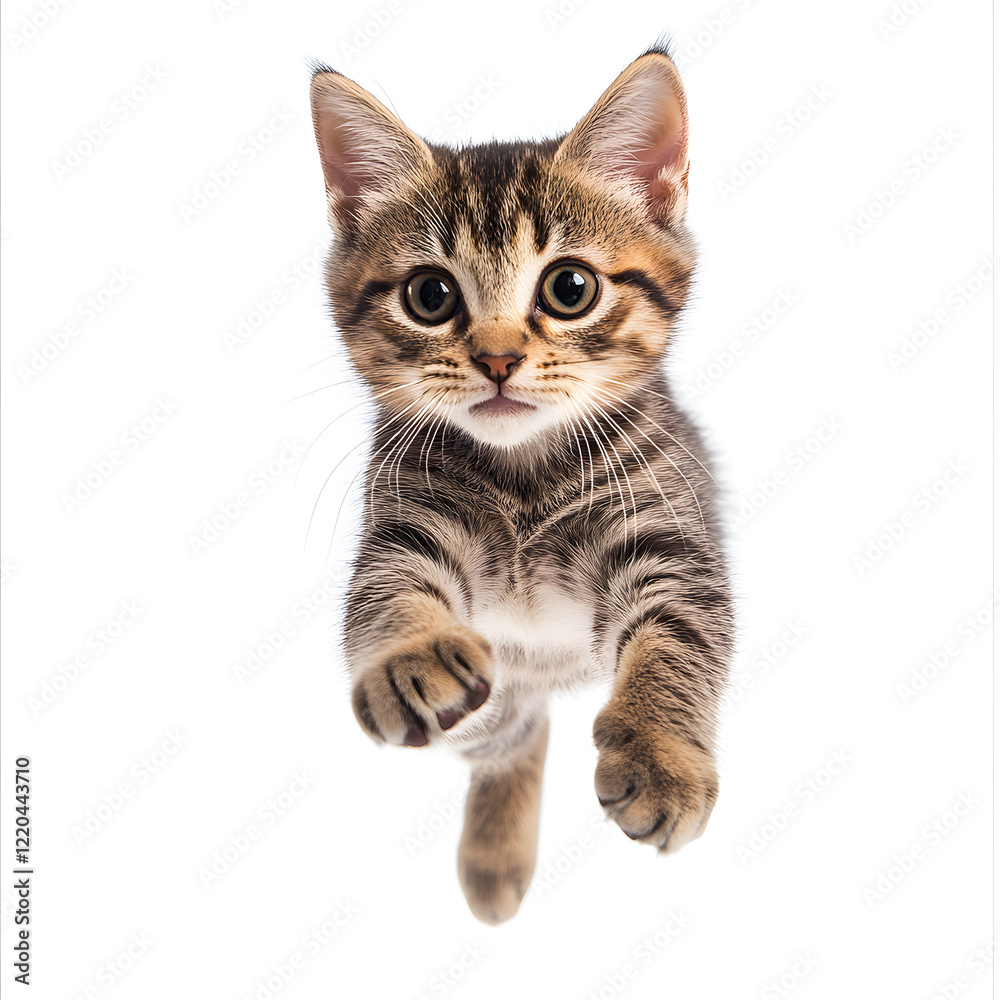 Obraz premium the American shorthair tabby breed cat jumping. white background