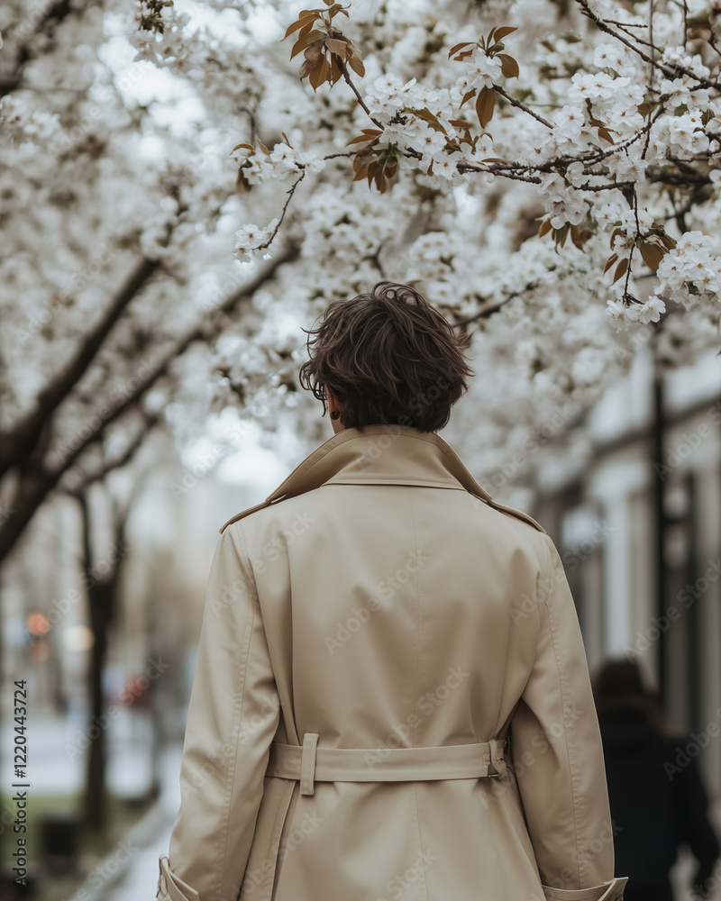 Man in beige trench coat walking under blooming cherry blossoms Man in beige trench coat walking under blooming cherry blossoms