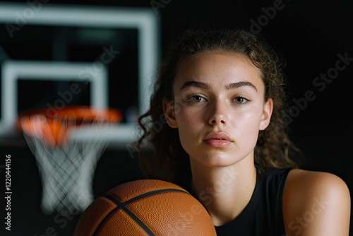 Intense portrait of young athlete holding basketball, focused ex