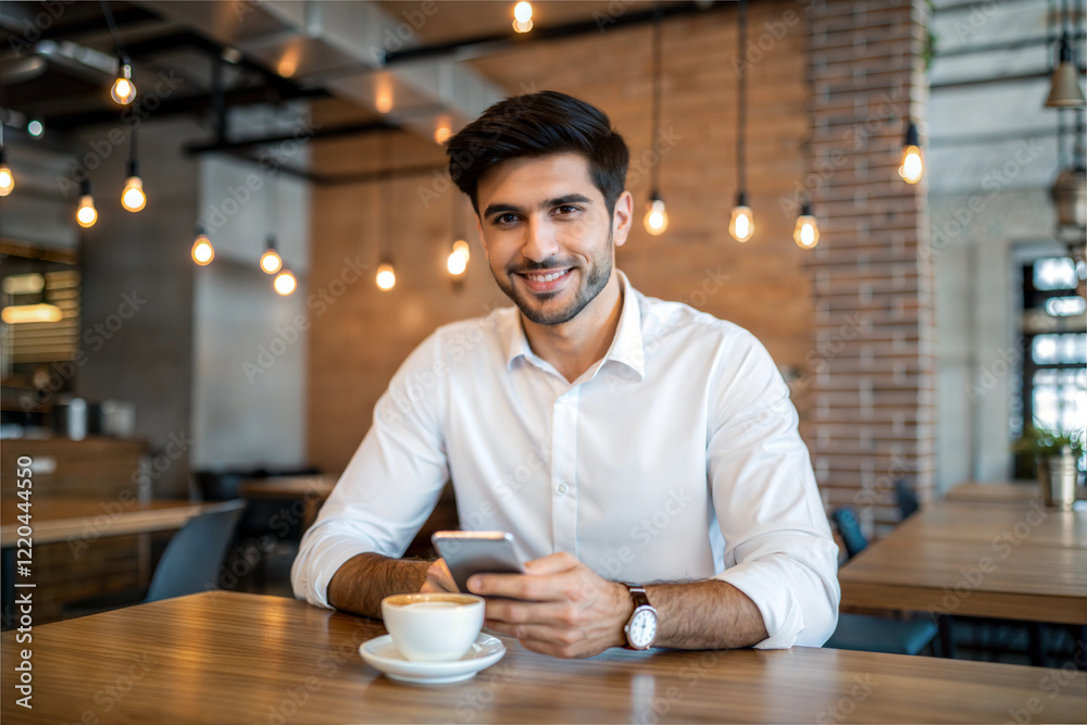 Person drinking coffee. Smiling man using smartphone at a modern café, casual business meeting, enjoying coffee, professional lifestyle, trendy coffee shop, digital communication, relaxed work atmosph Person drinking coffee. Smiling man using smartphone at a modern café, casual business meeting, enjoying coffee, professional lifestyle, trendy coffee shop, digital communication, relaxed work atmosph