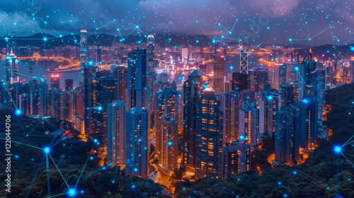 Futuristic Smart Cityscape with Glowing Digital Network.. photo