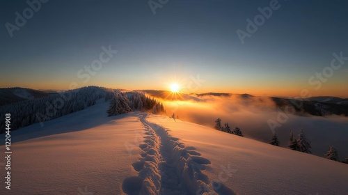 Snow-covered landscape glows under sunrise, path leads through s photo