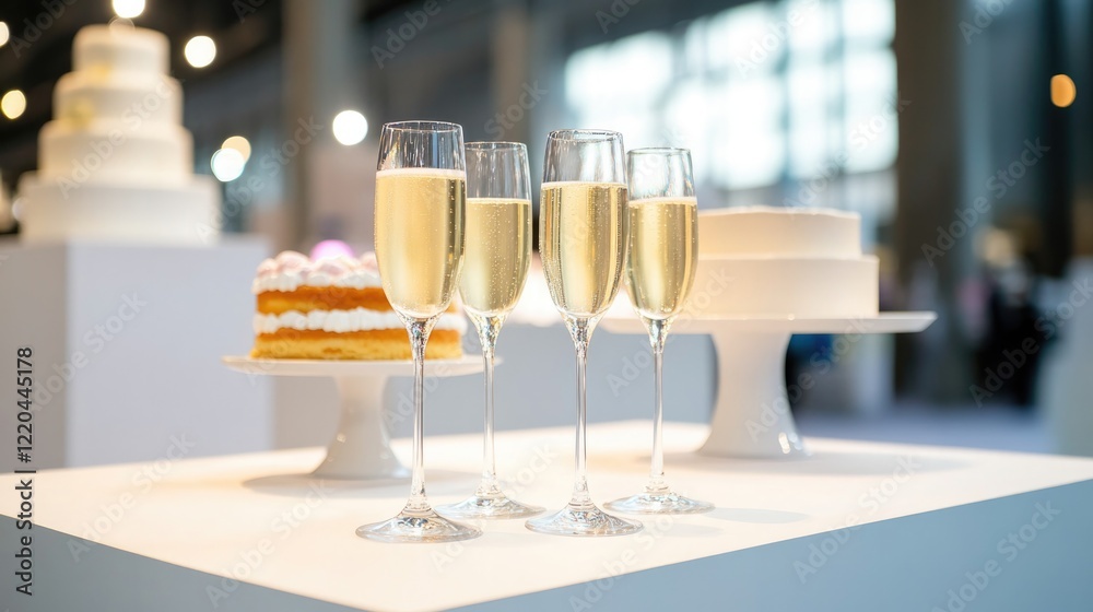Elegant display featuring champagne flutes and beautiful cakes i Elegant display featuring champagne flutes and beautiful cakes i