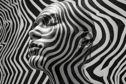 Fashion and beauty portrait photography featuring a model with black and white optical illusion makeup, posing against a matching background photo