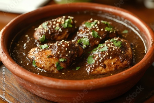 Delicious chicken in a rich sauce, garnished with sesame seeds and fresh herbs, served in a traditional clay pot. photo