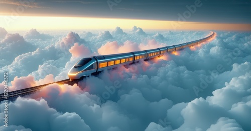 Futuristic magnetic-powered train glides through clouds, connecting remote destinations. Sleek aerodynamic design, glowing neon exhaust, vibrant sunset sky, dreamlike journey photo