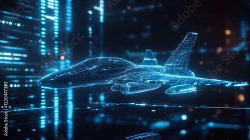 Wireframe Airplane in Digital Space Showcasing Futuristic Aviation

 photo