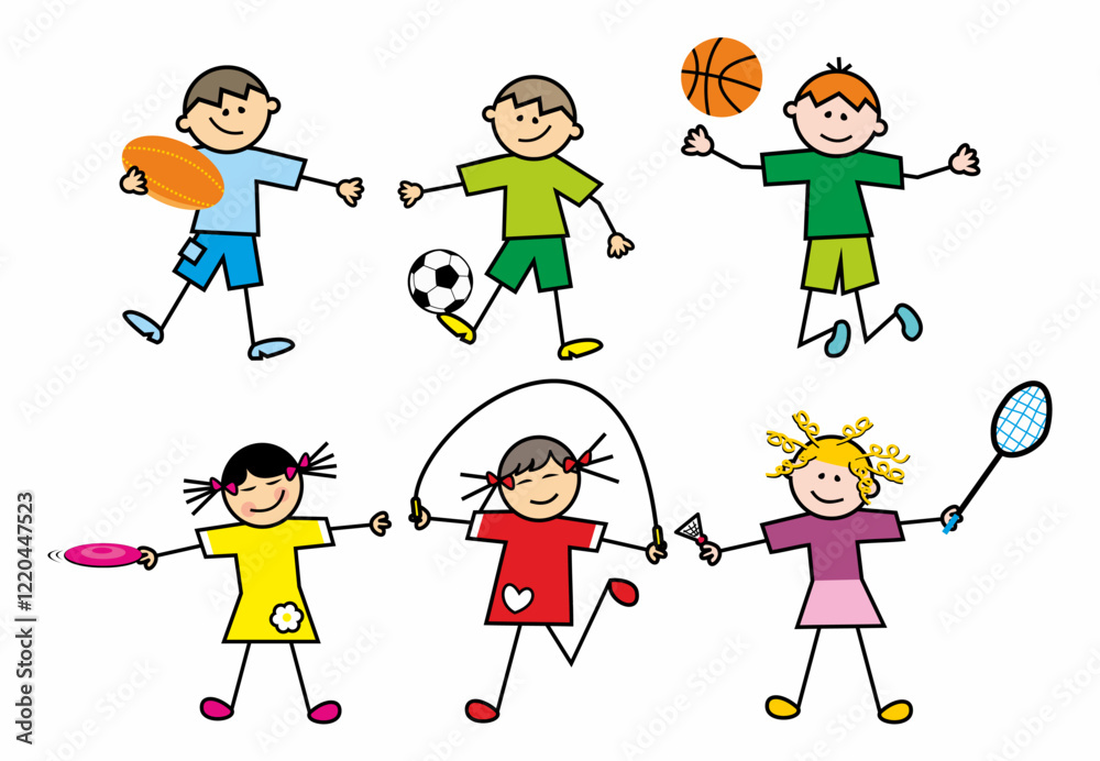 kids, children playing sports, girls and boys, set of sports equipment, football, rugby, skipping rope, frisbee, badminton, basketball, vector illustration kids, children playing sports, girls and boys, set of sports equipment, football, rugby, skipping rope, frisbee, badminton, basketball, vector illustration