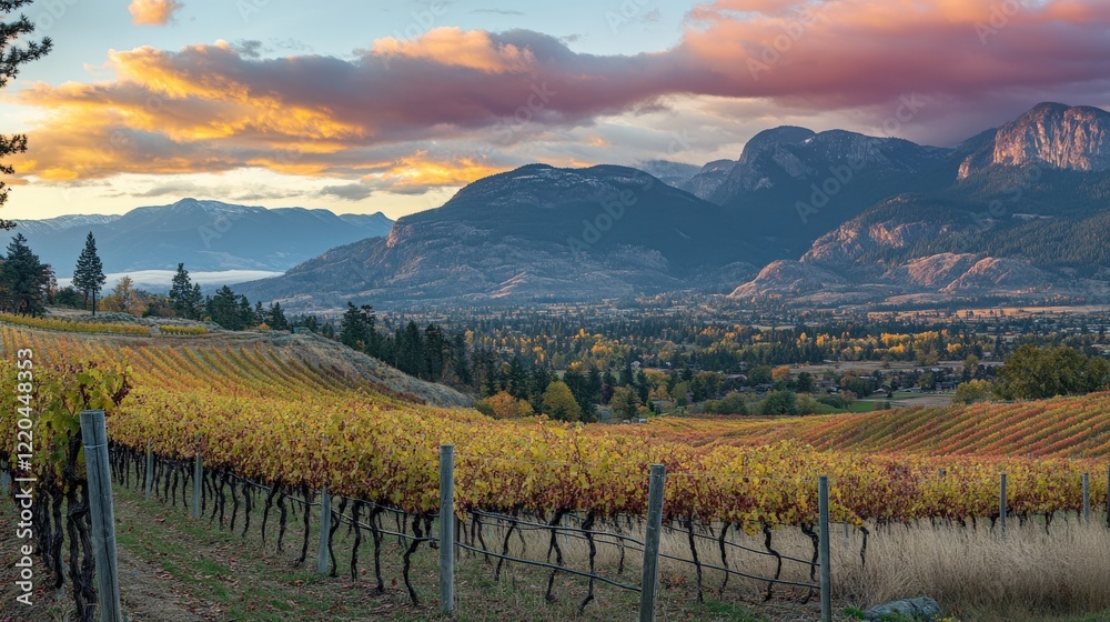 Fototapeta premium Autumn Vineyard Landscape Under Sunset Sky Mountains