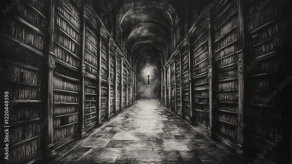 A monochrome charcoal drawing of an old library, towering bookshelves lit by a single flickering lamp, intricate details on the spines of books A monochrome charcoal drawing of an old library, towering bookshelves lit by a single flickering lamp, intricate details on the spines of books