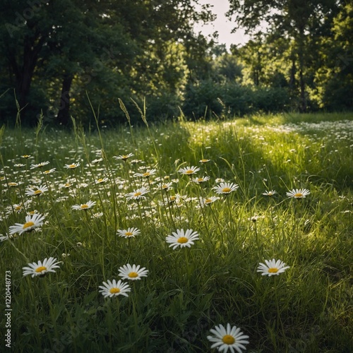 A quiet park meadow with tall green grass and white daisies stretching into the distance.