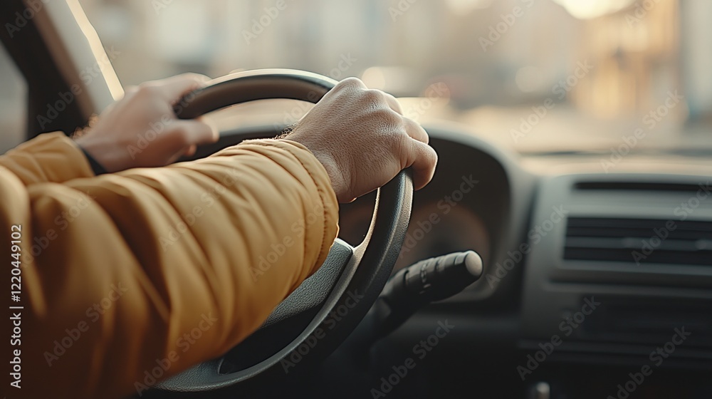 Driver's hands gripping steering wheel, navigating urban street with golden sunset lighting, conveying sense of journey and peaceful evening commute
