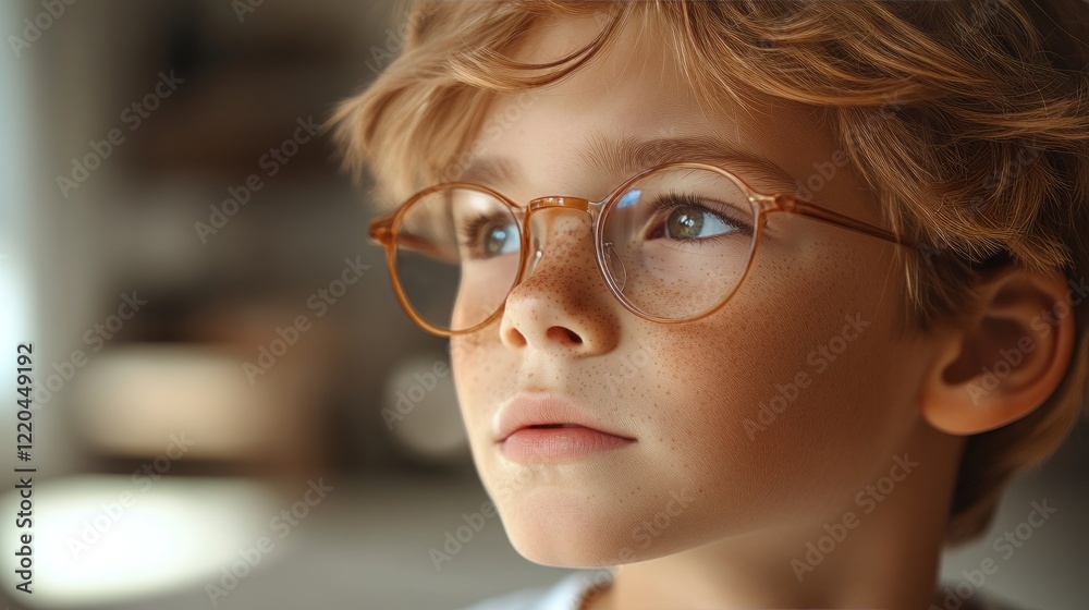 Close up portrait of young child wearing round glasses, gazing pensively with visible freckles and contemplative facial expression