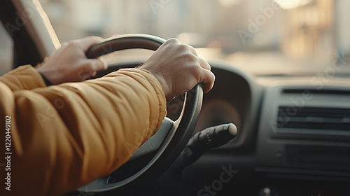 Obraz na płótnie Driver's hands gripping steering wheel, navigating urban street with golden sunset lighting, conveying sense of journey and peaceful evening commute w salonie
