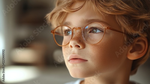 Obraz na płótnie Close up portrait of young child wearing round glasses, gazing pensively with visible freckles and contemplative facial expression w salonie