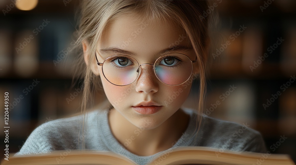 Young girl wearing round glasses reading open book in library, displaying scholarly concentration and intellectual curiosity