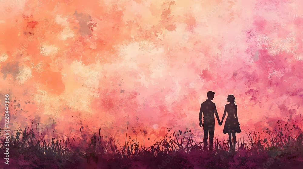 Fototapeta premium Romantic Couple Silhouette at Sunset Watercolor Painting