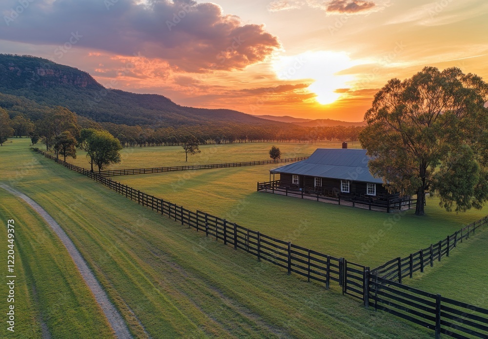 Fototapeta premium Serene Sunset Over Lush Pastureland with Rustic Cabin and Fencing Highlighting Tranquility in Nature's Embrace at Dusk