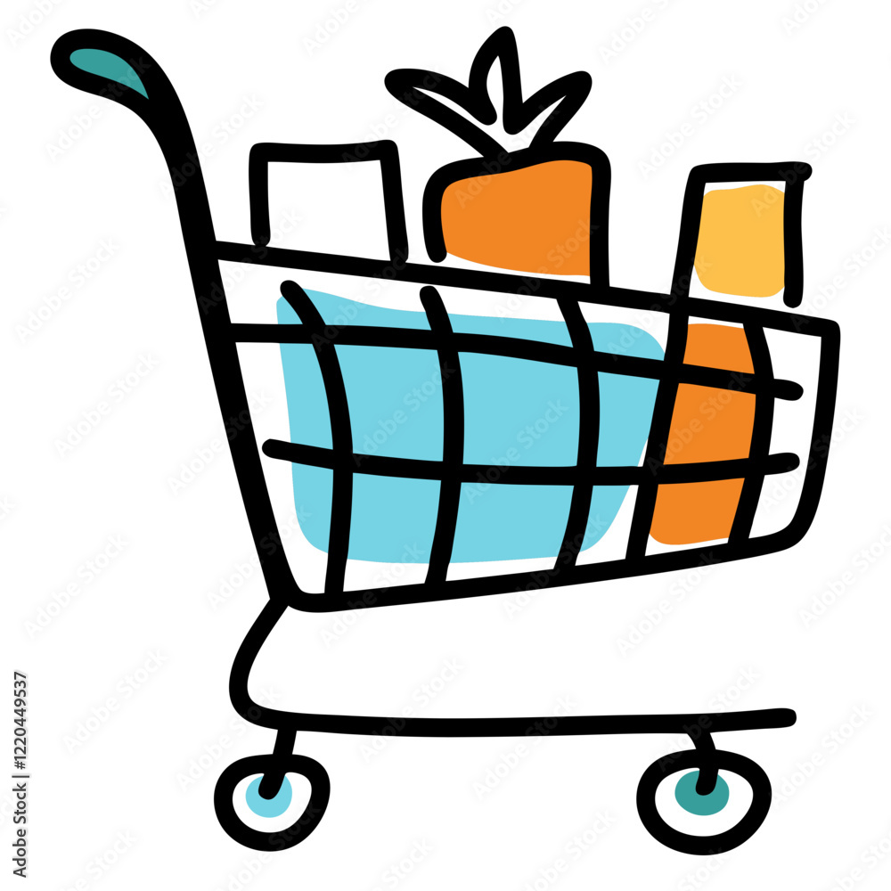 Shopping cart with groceries in orange and blue tones