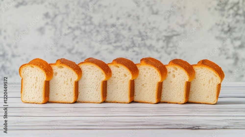 Golden brown toast slices stacked symmetrically on rustic white wooden board, presenting crisp texture against muted gray background