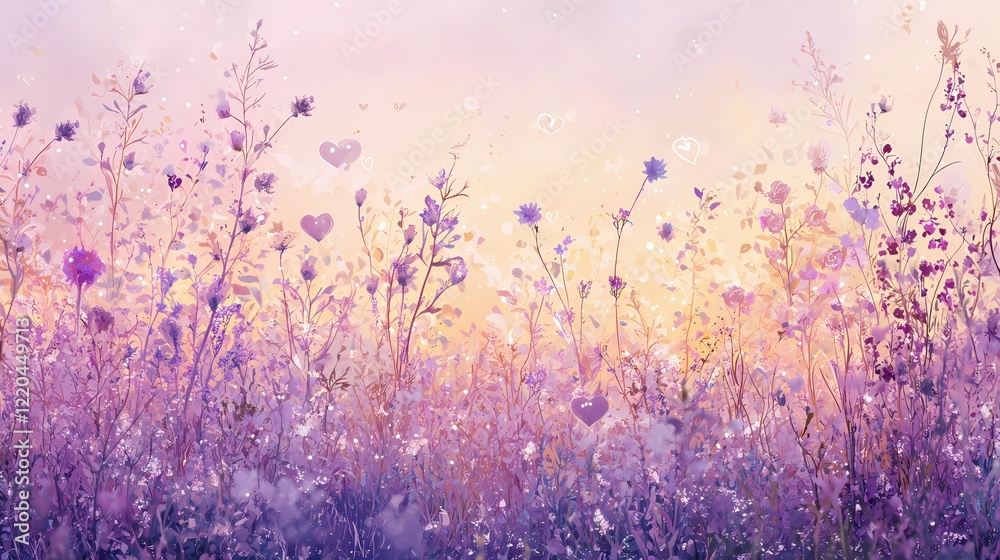 Obraz premium Serene Purple Wildflower Meadow Soft Pastel Sunset Romance