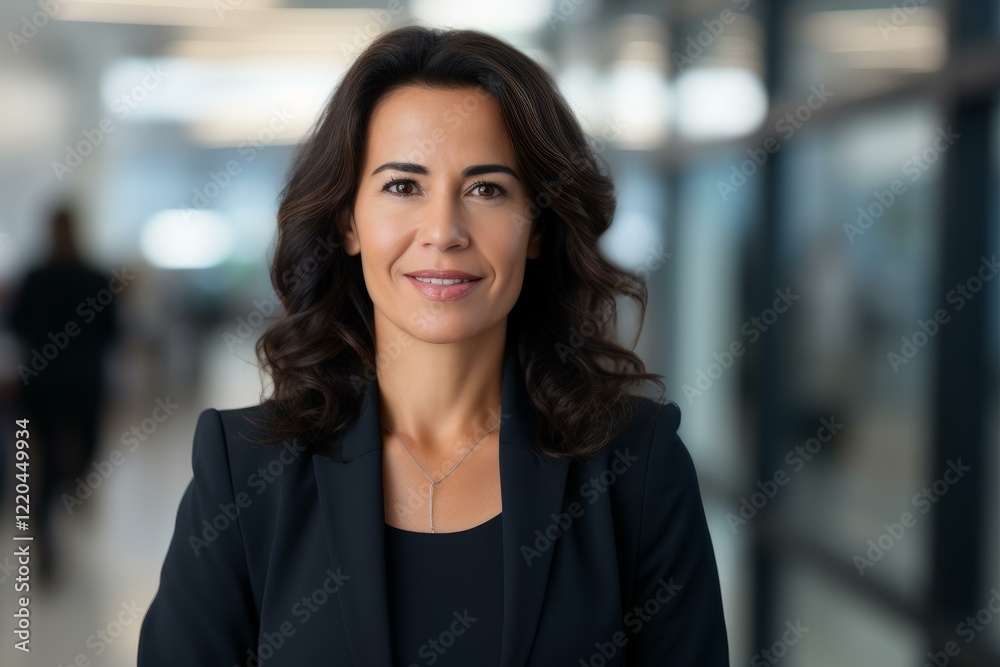 Portrait of a successful businesswoman smiling in a modern office building, conveying confidence and professionalism Portrait of a successful businesswoman smiling in a modern office building, conveying confidence and professionalism
