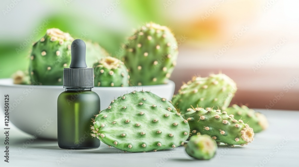 Green dropper bottle containing essential oil resting on white surface near fresh prickly pear pads, highlighting natural skincare and botanical extract benefits