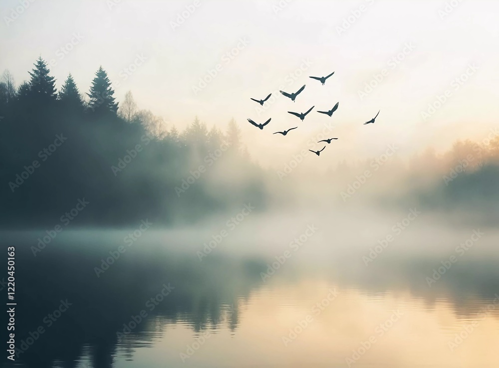 A flock of birds flying over a lake at sunrise, a beautiful natural background with a misty forest and sky, pastel colors, soft focus, a dreamlike atmosphere A flock of birds flying over a lake at sunrise, a beautiful natural background with a misty forest and sky, pastel colors, soft focus, a dreamlike atmosphere