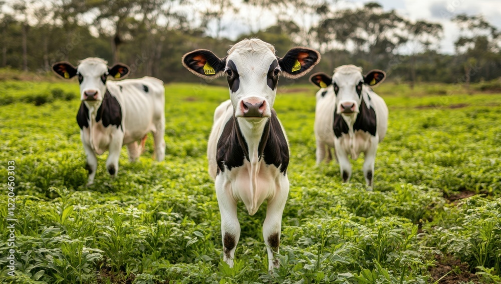 Three Curious Cows Grazing in a Lush Green Field Surrounded by Nature, Capturing a Serene Moment of Farm Life with Bright Sky and Healthy Pasture Three Curious Cows Grazing in a Lush Green Field Surrounded by Nature, Capturing a Serene Moment of Farm Life with Bright Sky and Healthy Pasture