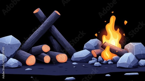 Campfire Scene with Logs and Flames Against a Dark Background in a Minimalist Style photo