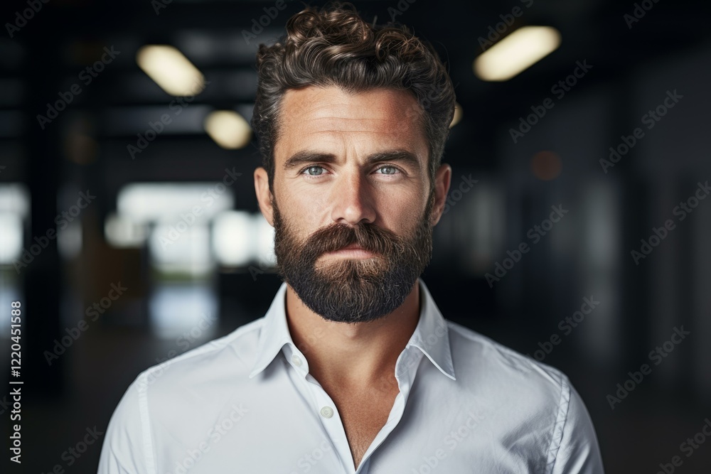 Portrait of confident businessman with stylish beard and hair posing in modern office Portrait of confident businessman with stylish beard and hair posing in modern office
