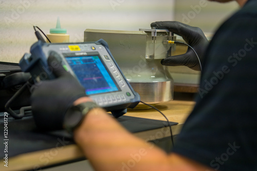 Industrial NDT Inspector Setting Up Ultrasonic Testing Equipment for Quality Control. Technician Configuring Portable UT Device for Non-destructive Material Inspection
