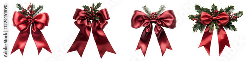 Elegant red Christmas bows with holly and berries isolated on transparent background