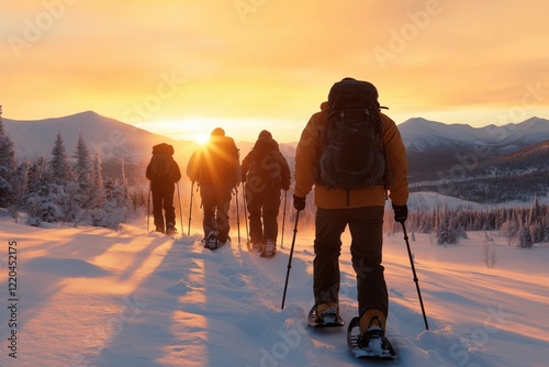 Adventure group enjoying winter snowshoeing in mountain landscape at sunset