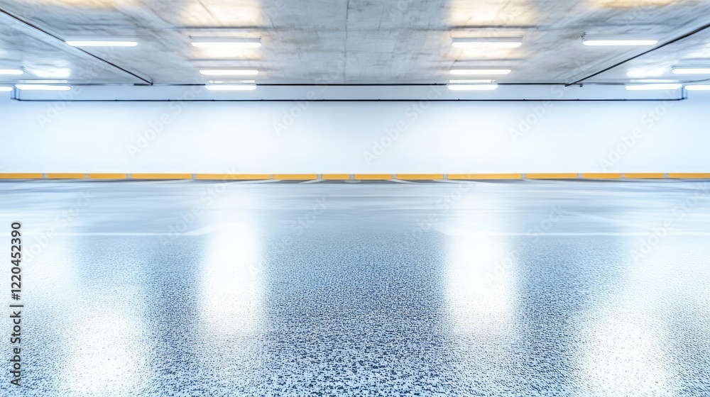 Fluorescent lighting illuminating empty underground parking garage with smooth concrete floor, highlighting bright yellow parking bumpers and minimalist architectural design
