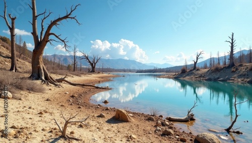 Dried up lakebed with skeletal remains of trees, desolate land, dried, waterless