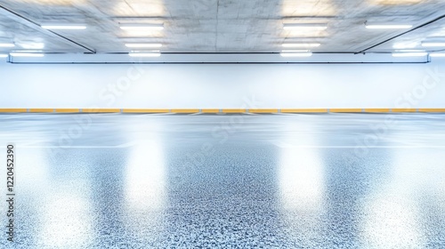 Obraz na płótnie Fluorescent lighting illuminating empty underground parking garage with smooth concrete floor, highlighting bright yellow parking bumpers and minimalist architectural design w salonie