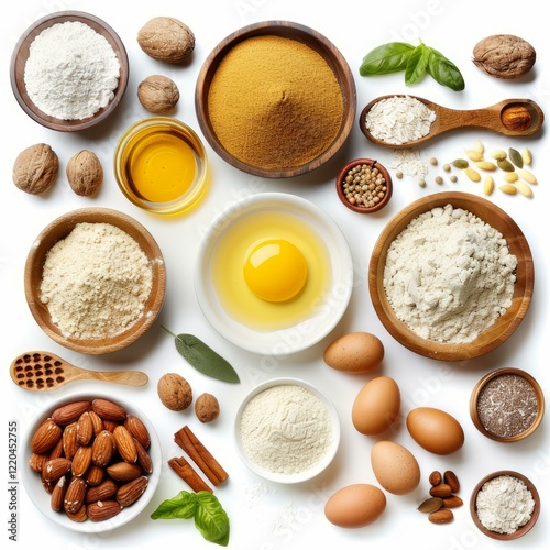 Various gluten free baking ingredients arranged on white background