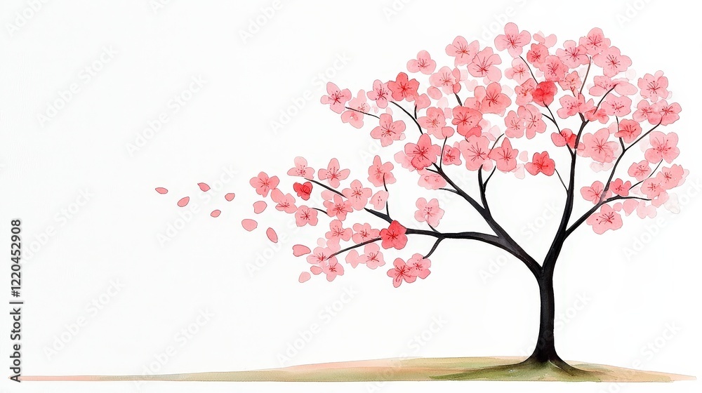Fototapeta premium Elegant Blossom Tree with Pink Flowers and Falling Petals on Soft White Background