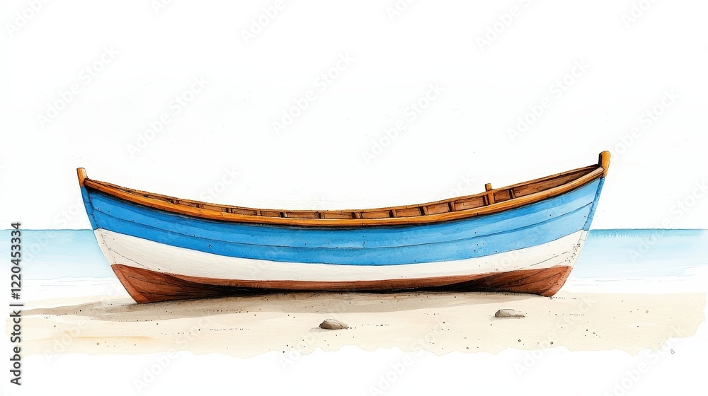 Fototapeta premium Blue and White Wooden Boat on Sandy Beach with Calm Water Background and Clear Sky