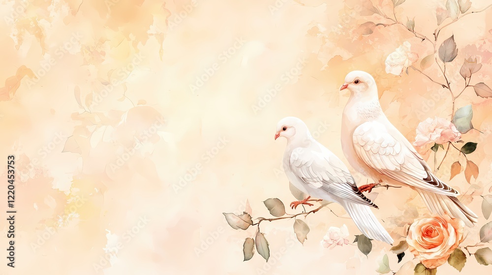 Obraz premium Two White Doves Resting on Branch Amidst Peach Watercolor Roses