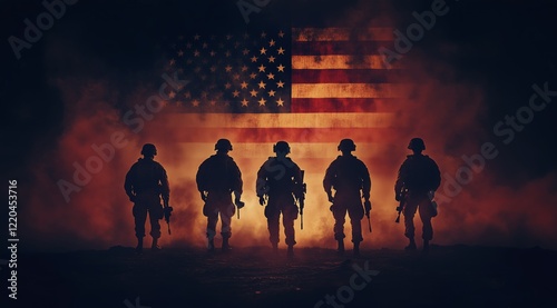 Soldiers walking towards a glowing American flag in a dark, smoky environment at night