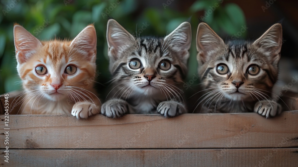 Three kittens peering from wooden box, garden background, pet adoption Three kittens peering from wooden box, garden background, pet adoption